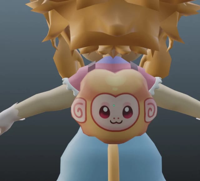A close view of the character model with a monkey-face bag