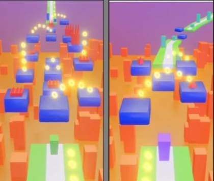 Four mockup screens of floating blue platforms, some marked with an X