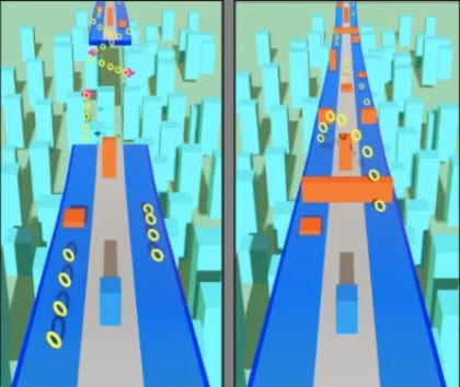 Two mockup screens of a blue track with three lanes over a city