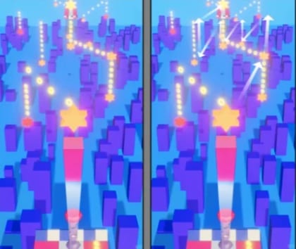 Four mockup screens of glowing stars linked above a purple city