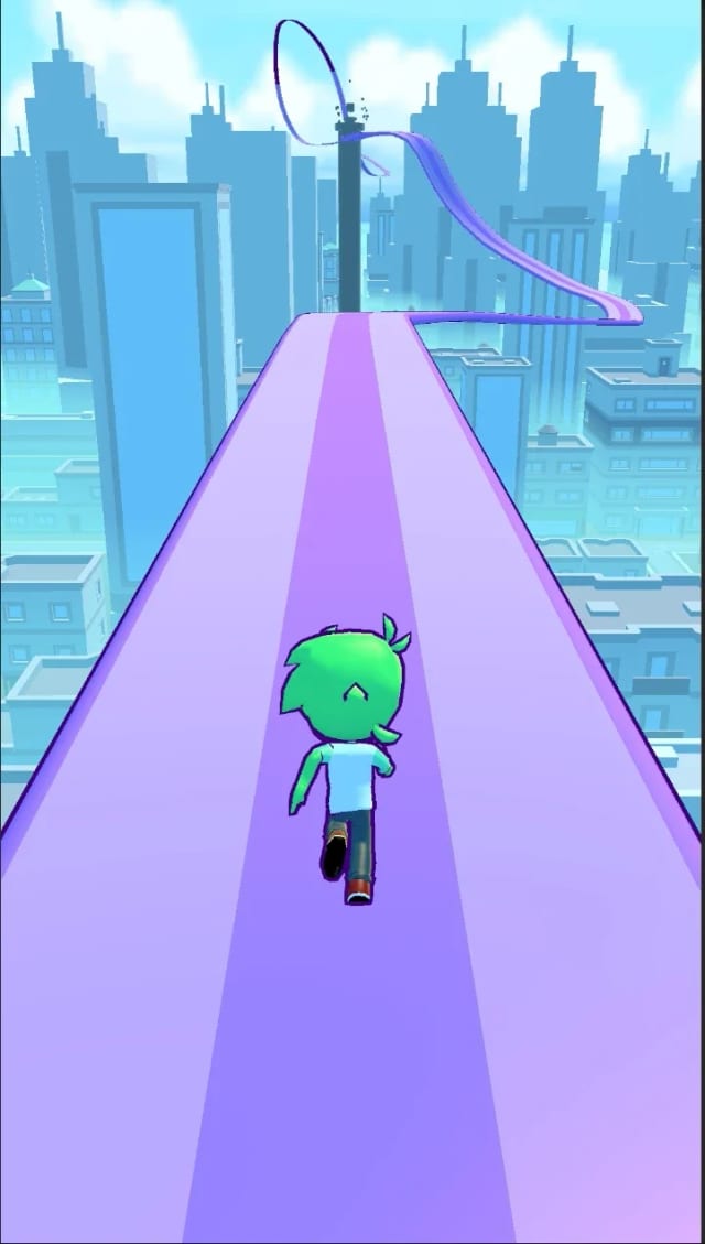 A green-haired character running on a purple track above a blue city