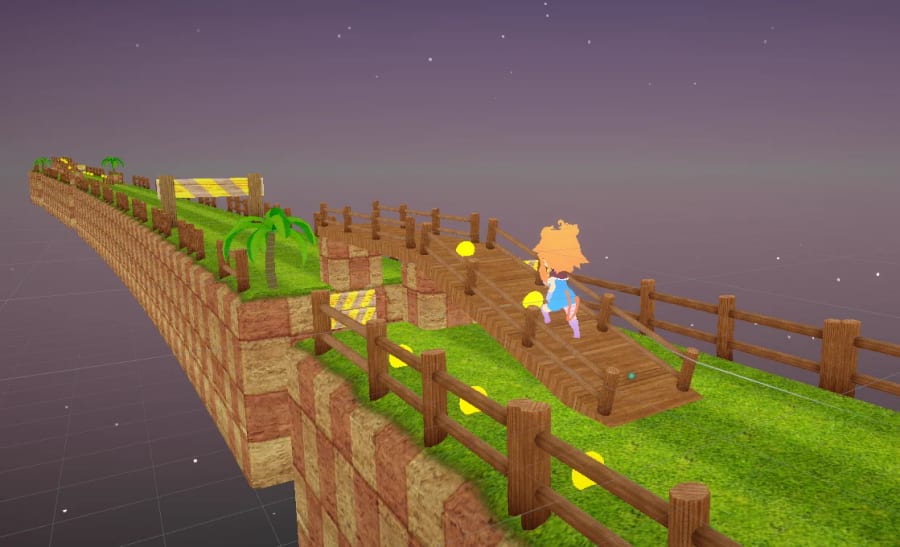 The character running on a grassy track with coins